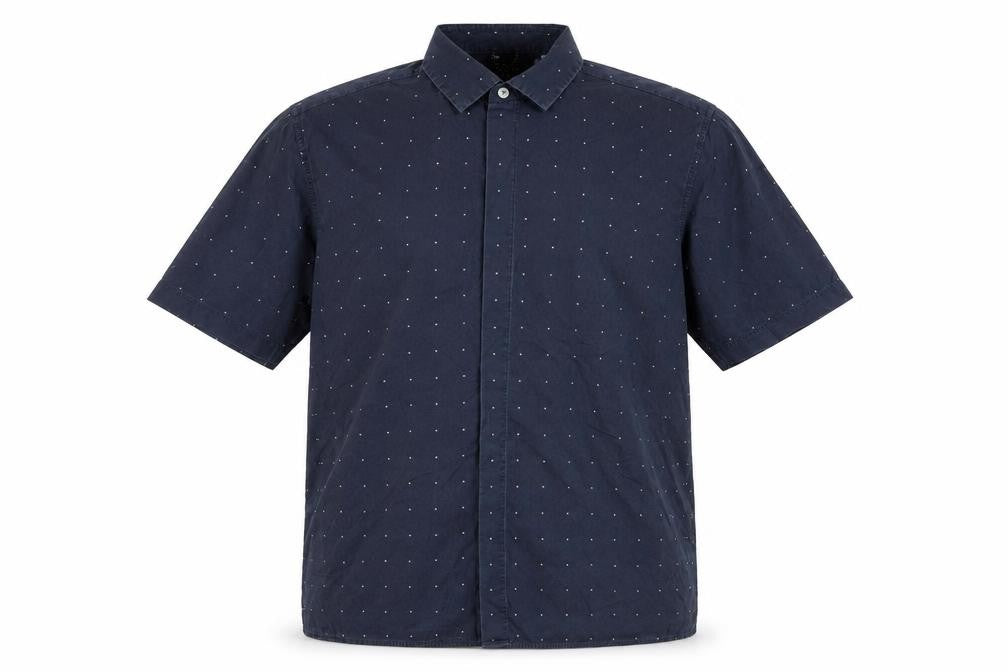 Front view of Ted Baker Men’s Blue Polka Dot Short Sleeve Button-Up Shirt, size L