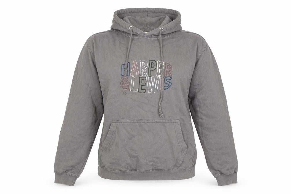 Front view of Harper & Lewis women’s grey pullover hoodie medium embroidered logo