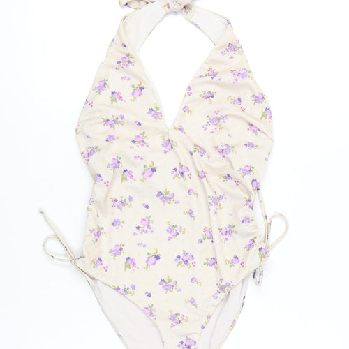 CRIS Design Womens Beige Floral Halter One Piece Swimsuit Size 10