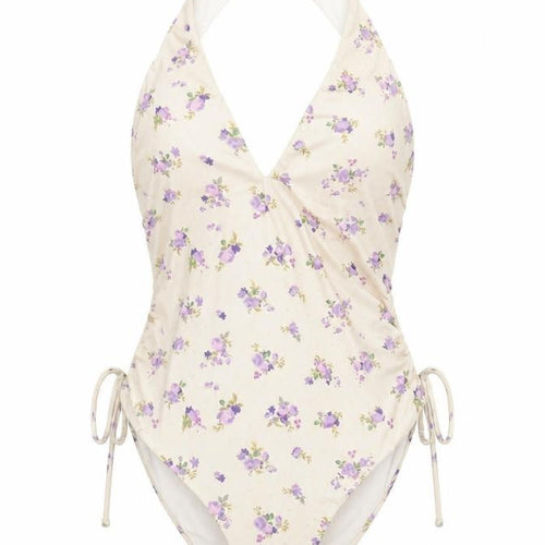CRIS Design Womens Beige Floral Halter One Piece Swimsuit Size 10