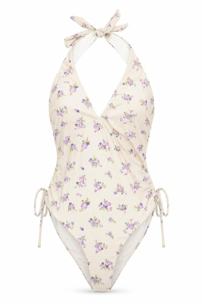 CRIS Design Womens Beige Floral Halter One Piece Swimsuit Size 10