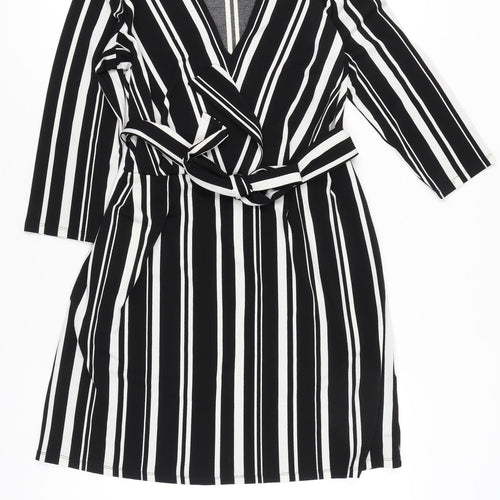 H&M Women’s Black White Striped Wrap Dress Size 8 Knee Length