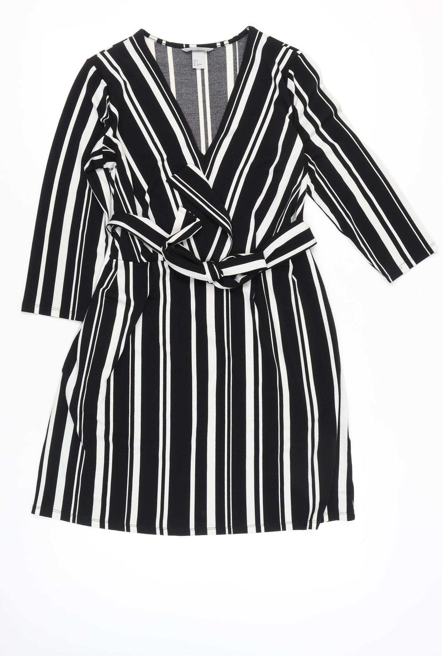 H&M Women’s Black White Striped Wrap Dress Size 8 Knee Length