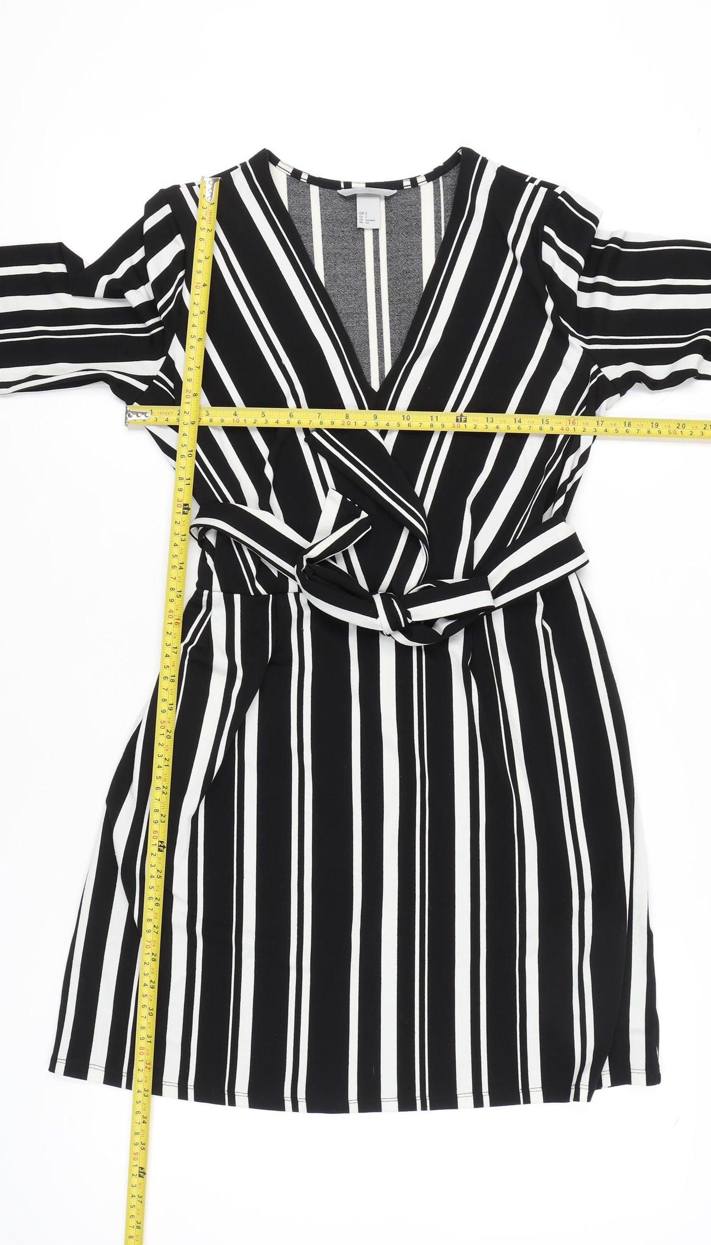 H&M Women’s Black White Striped Wrap Dress Size 8 Knee Length
