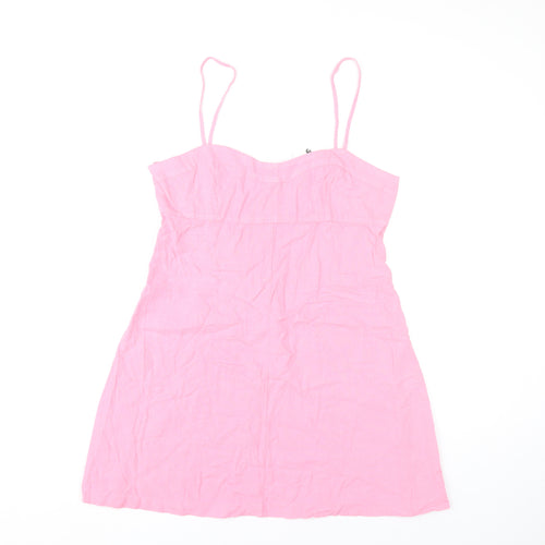 Zara Women Pink Linen Blend Slip Dress Size 14 Short Summer