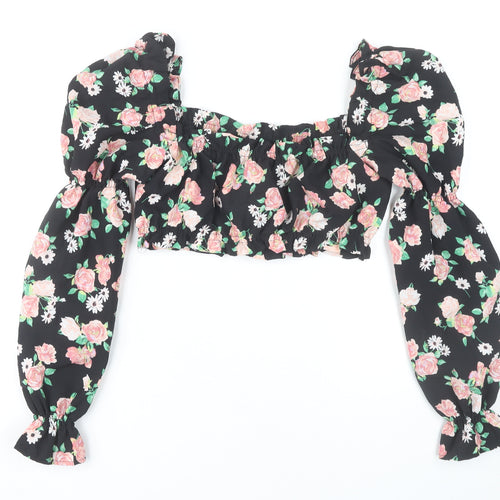 H&M Women’s Black Floral Cropped Puff Sleeve Blouse Size S