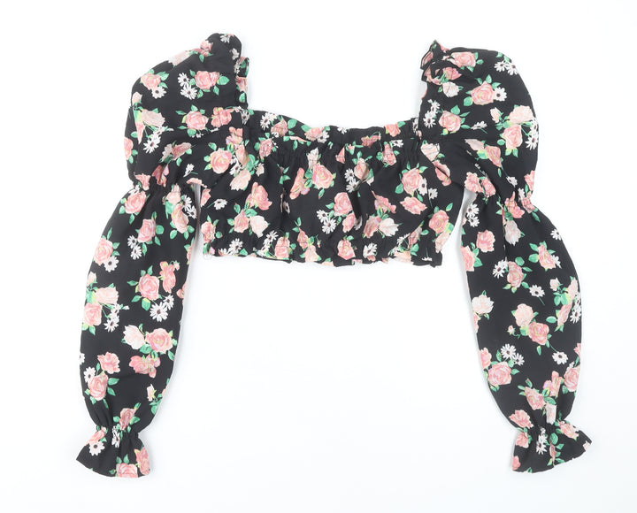 H&M Women’s Black Floral Cropped Puff Sleeve Blouse Size S