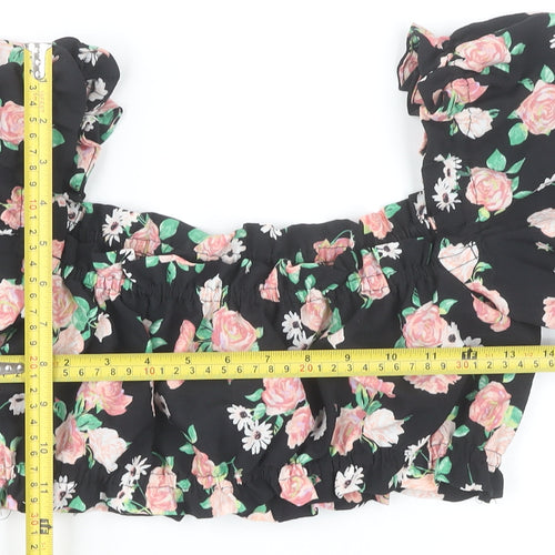 H&M Women’s Black Floral Cropped Puff Sleeve Blouse Size S