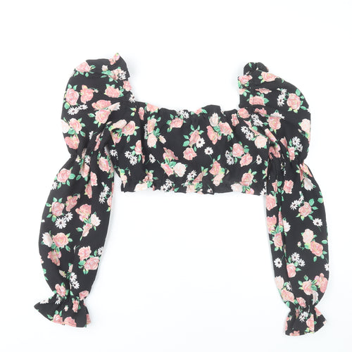 H&M Women’s Black Floral Cropped Puff Sleeve Blouse Size S