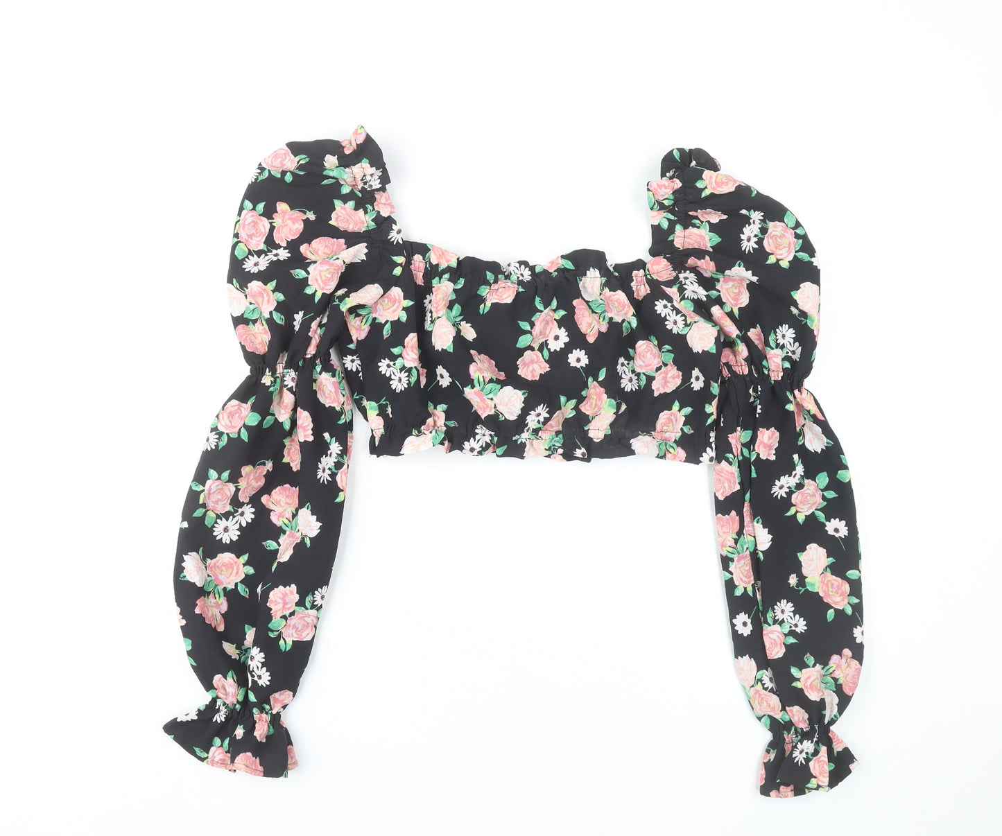H&M Women’s Black Floral Cropped Puff Sleeve Blouse Size S