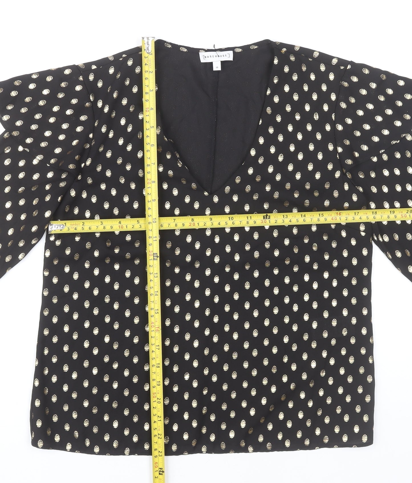 Warehouse Women Black Polka Dot V-Neck Tunic Blouse UK 10