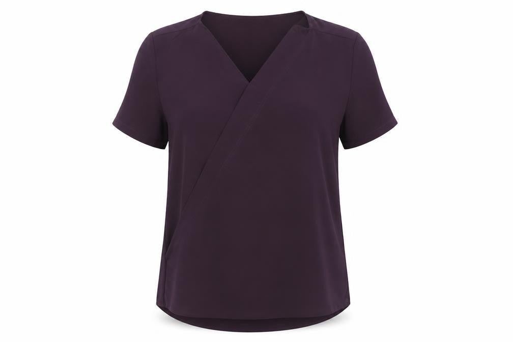 Front view of Simon Jersey women’s purple wrap blouse, size UK 12, short sleeve work top