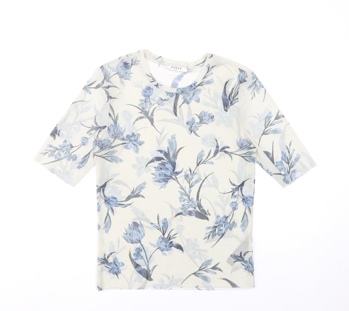 Pieces Women Ivory Floral Mesh T-Shirt Size M Short Sleeve