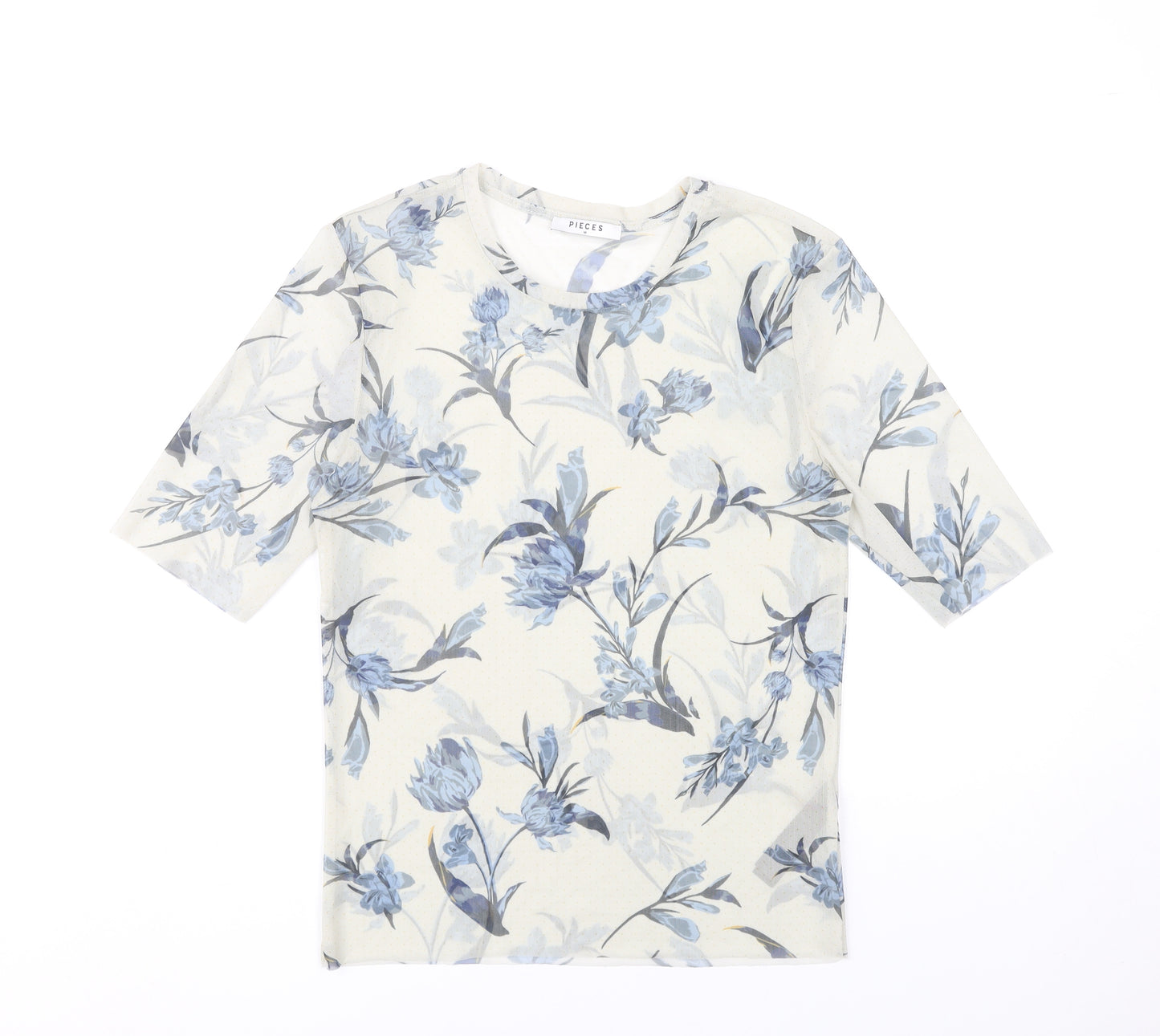 Pieces Women Ivory Floral Mesh T-Shirt Size M Short Sleeve