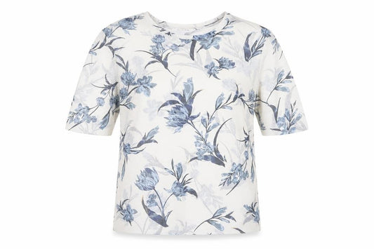 Front view of Pieces Women Ivory Floral Mesh T-Shirt, size M, Short Sleeve