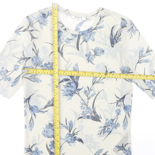 Pieces Women Ivory Floral Mesh T-Shirt Size M Short Sleeve