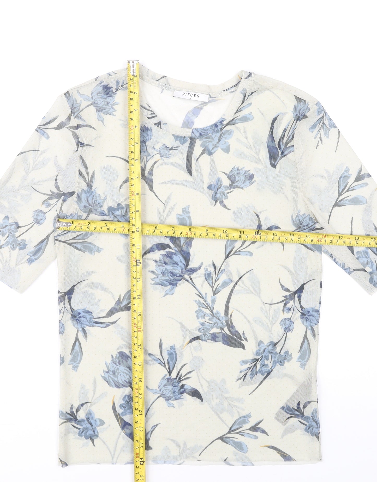 Pieces Women Ivory Floral Mesh T-Shirt Size M Short Sleeve