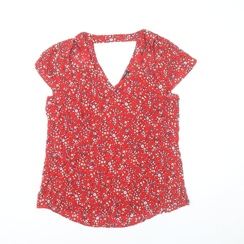 Warehouse Women’s Red Floral Viscose Blouse UK 12 Short Sleeve V-Neck