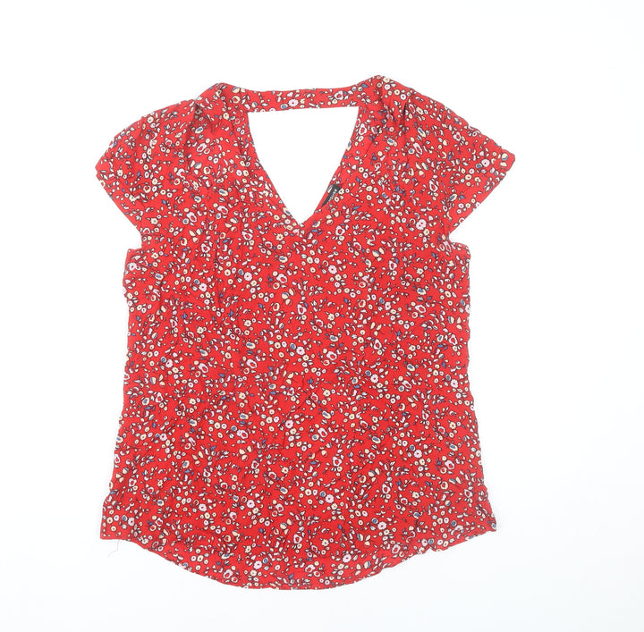 Warehouse Women’s Red Floral Viscose Blouse UK 12 Short Sleeve V-Neck