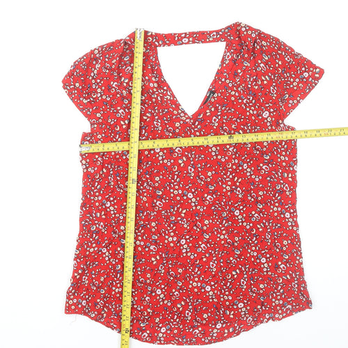 Warehouse Women’s Red Floral Viscose Blouse UK 12 Short Sleeve V-Neck