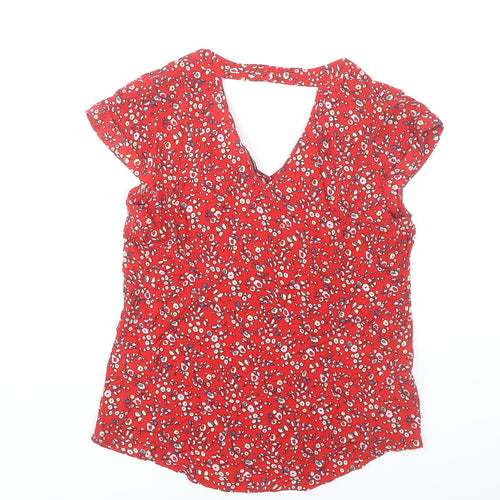Warehouse Women’s Red Floral Viscose Blouse UK 12 Short Sleeve V-Neck