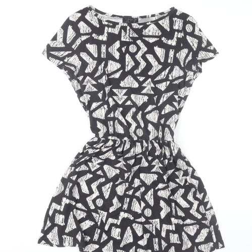 Topshop Women’s Black Geometric Skater Dress UK 8 Short Sleeve