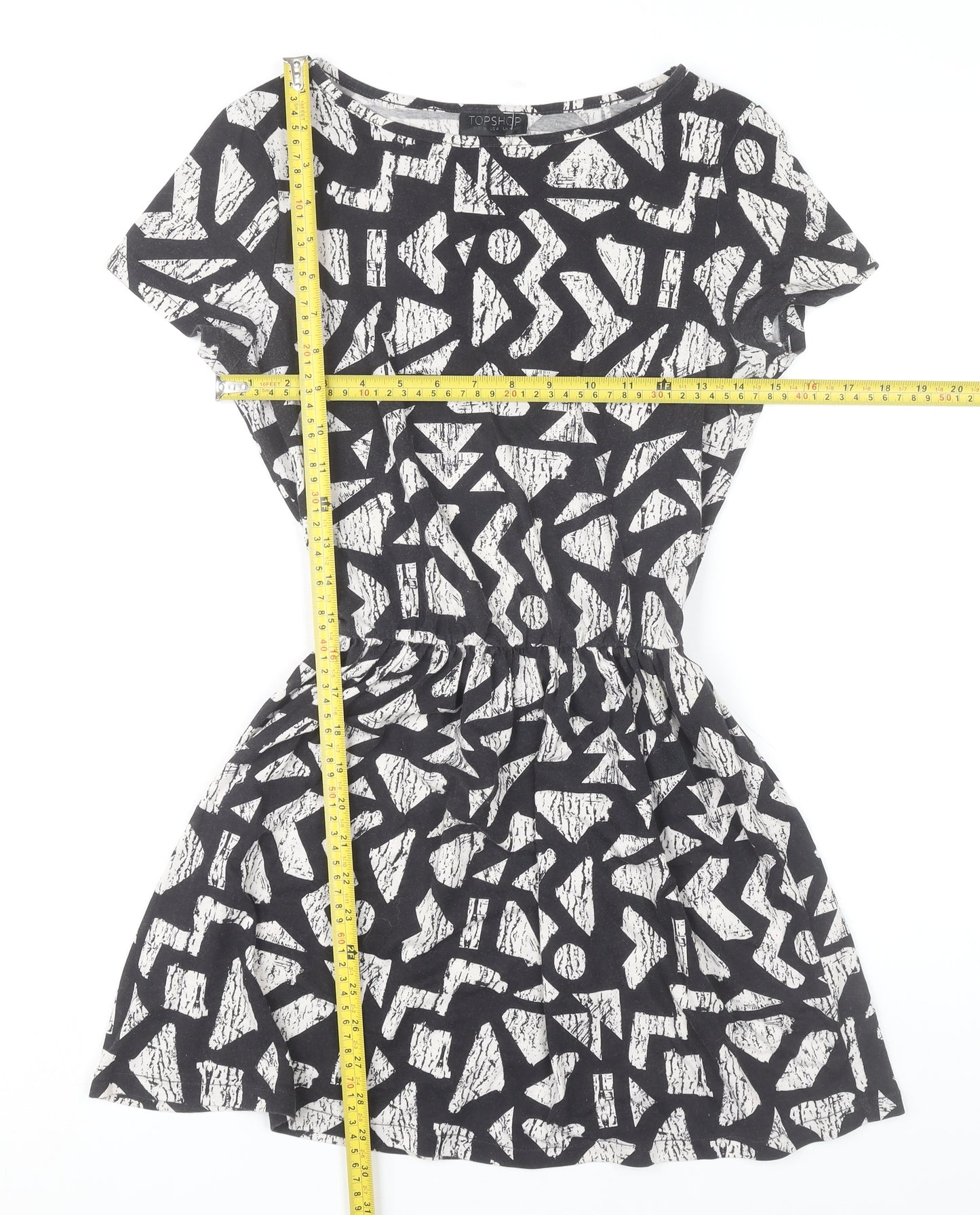 Topshop Women’s Black Geometric Skater Dress UK 8 Short Sleeve