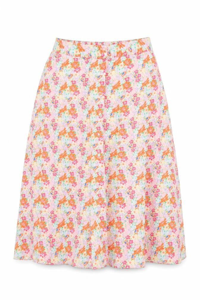 Front view of Pieces women’s midi floral a-line skirt multicoloured, size M