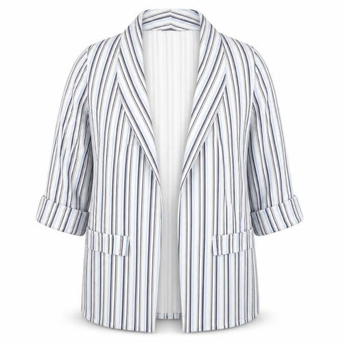 Quiz Women’s White Striped Blazer Size 14 3/4 Sleeve Open Jacket