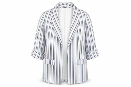 Front view of Quiz Women’s White Striped Blazer, size UK 14, 3/4 Sleeve Open Jacket