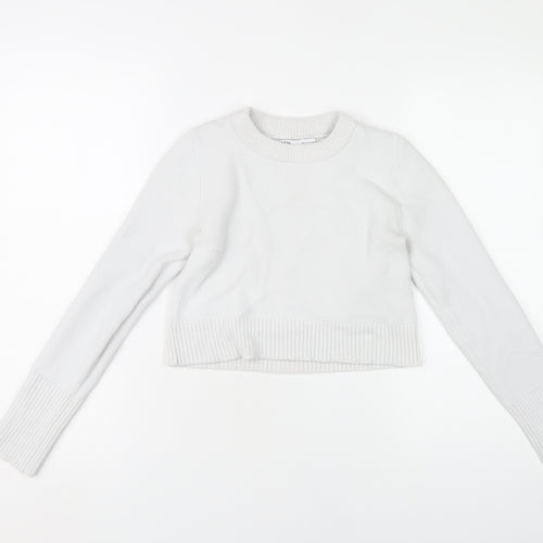 Zara Women White S Pullover Knit Jumper Crew Neck Long Sleeve