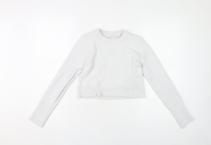 Zara Women White S Pullover Knit Jumper Crew Neck Long Sleeve
