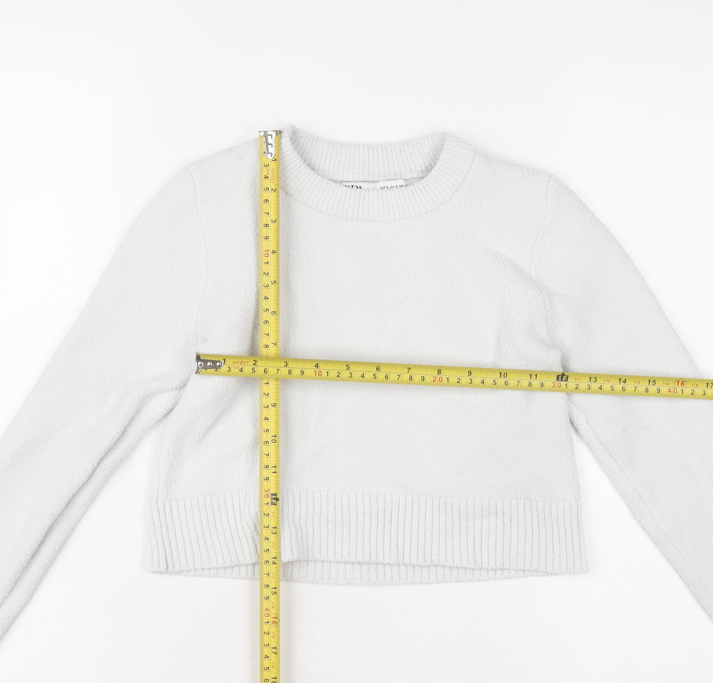 Zara Women White S Pullover Knit Jumper Crew Neck Long Sleeve