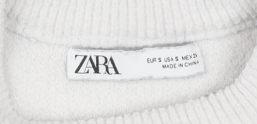 Zara Women White S Pullover Knit Jumper Crew Neck Long Sleeve