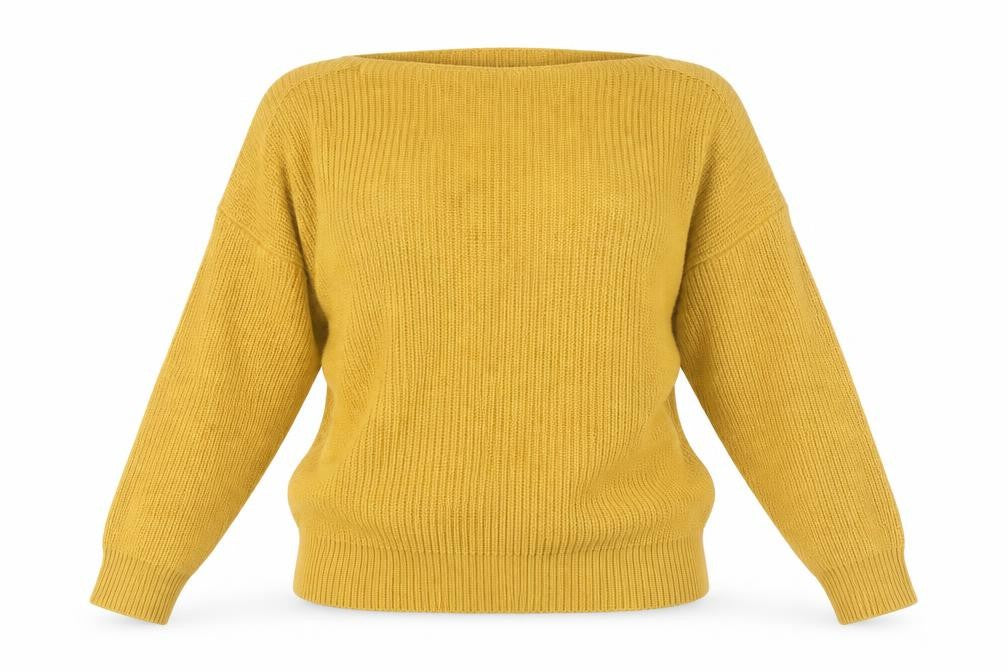 Front view of Topshop women’s yellow jumper, size UK 6, boat neck knit
