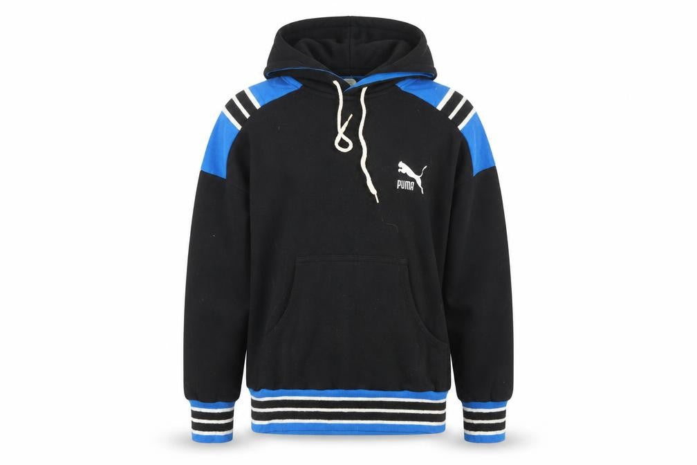 Front view of Puma unisex black pullover hoodie s retro striped sportswear