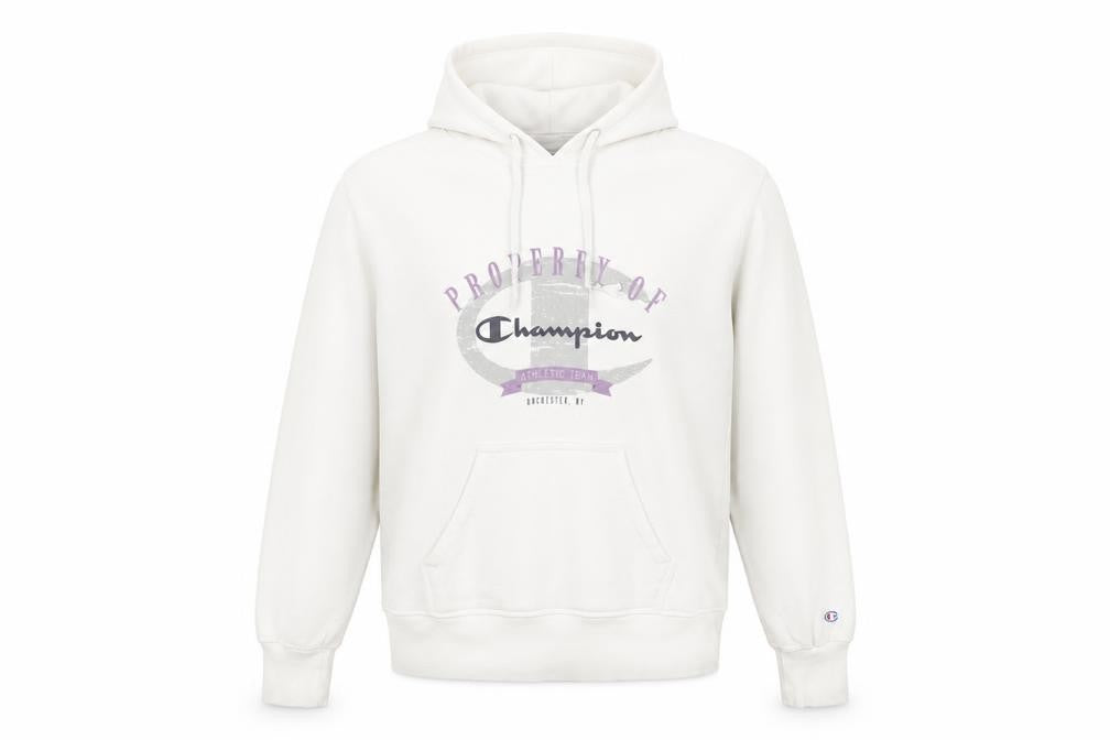 Front view of Champion women’s white hoodie, size M, cotton pullover sweatshirt