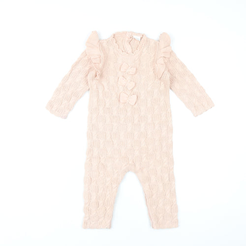 NEXT Girls Pink Knit Babygrow 12-18 Months with Bows & Ruffle Trim