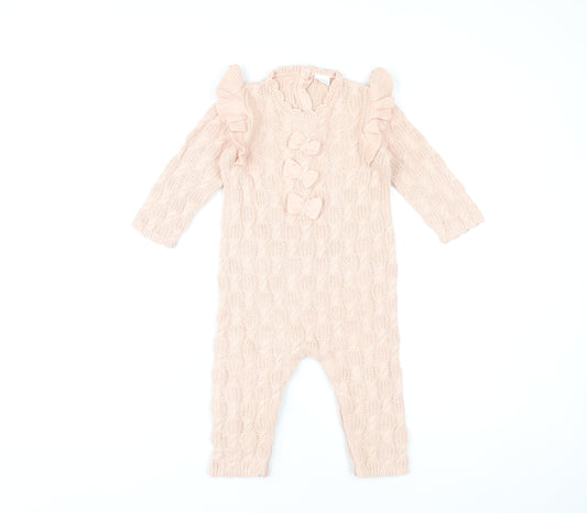 NEXT Girls Pink Knit Babygrow 12-18 Months with Bows & Ruffle Trim