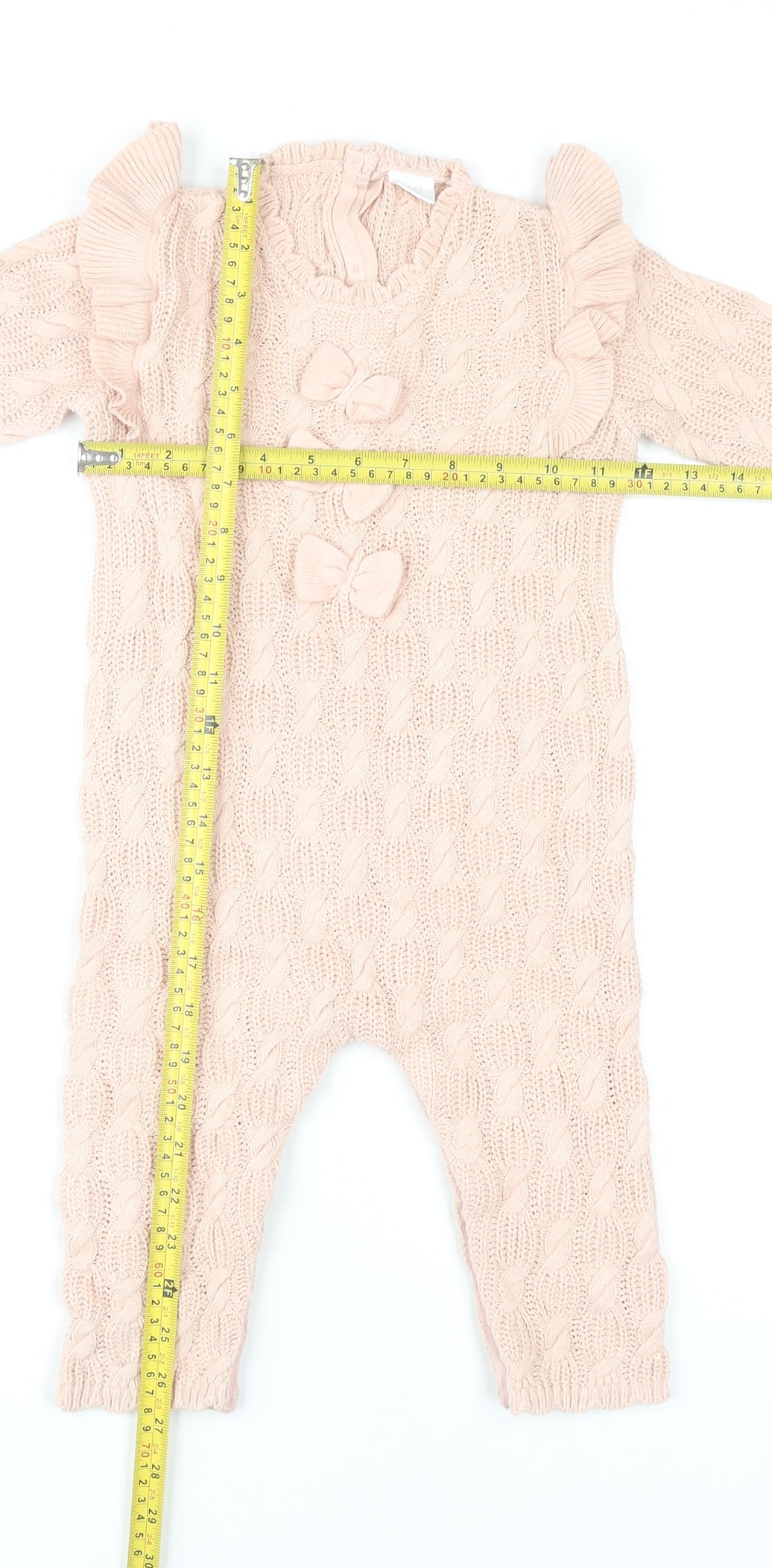 NEXT Girls Pink Knit Babygrow 12-18 Months with Bows & Ruffle Trim