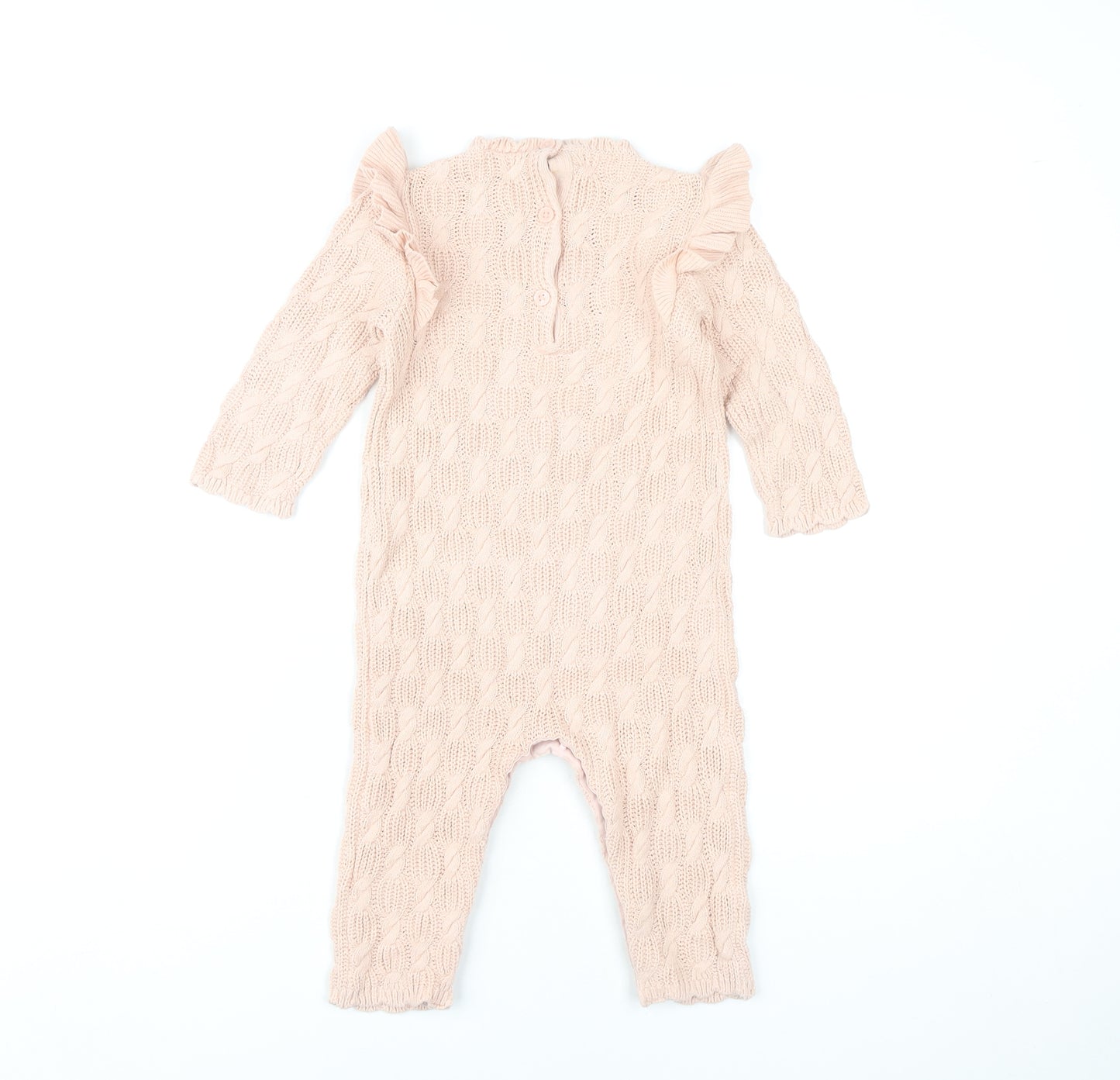 NEXT Girls Pink Knit Babygrow 12-18 Months with Bows & Ruffle Trim