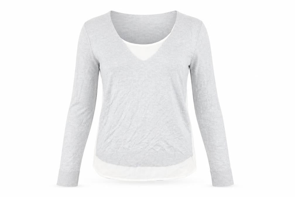 Front view of Retrology Women’s Grey V-Neck jumper, size S, Acrylic Rayon