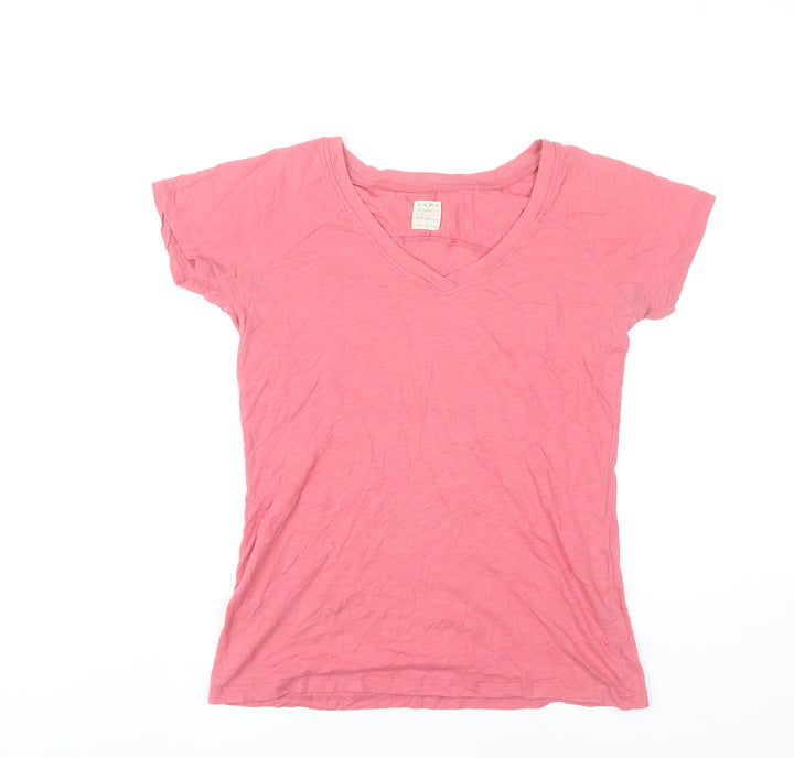 Zara Women’s Pink V-Neck Short Sleeve Cotton T-Shirt Size S