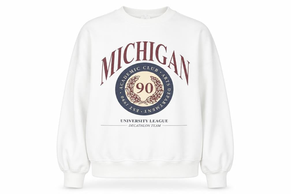 Front view of Primark Women’s White Michigan Graphic Sweatshirt, size S