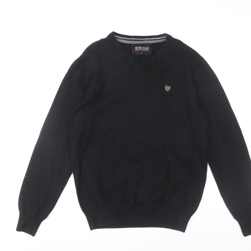 Retro Club Mens Black V-Neck Pullover Jumper L Cotton Blend