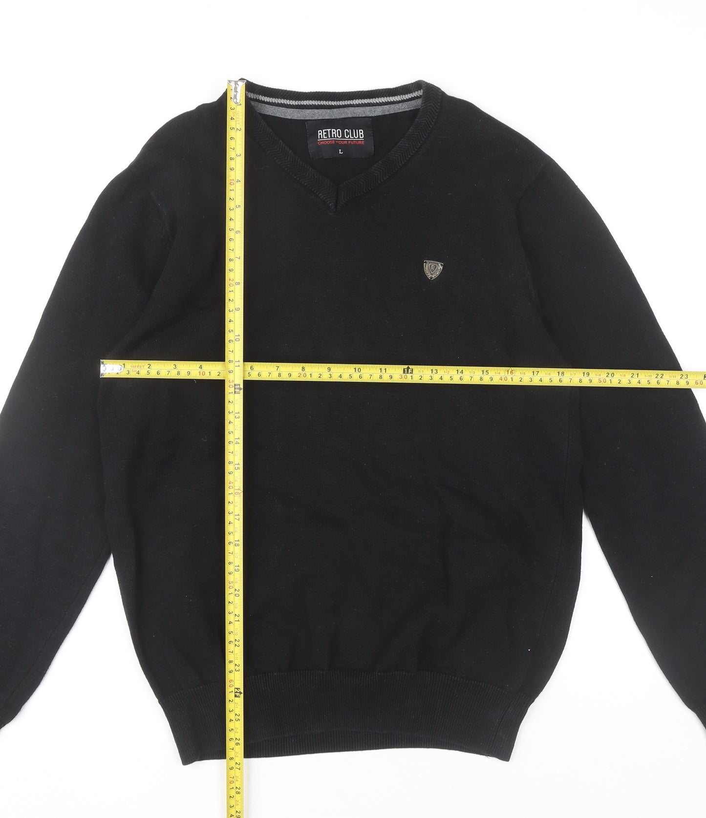 Retro Club Mens Black V-Neck Pullover Jumper L Cotton Blend