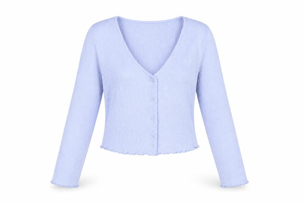 Front view of Mango Women's Purple Cropped Button Blouse Long Sleeve Slim Fit S