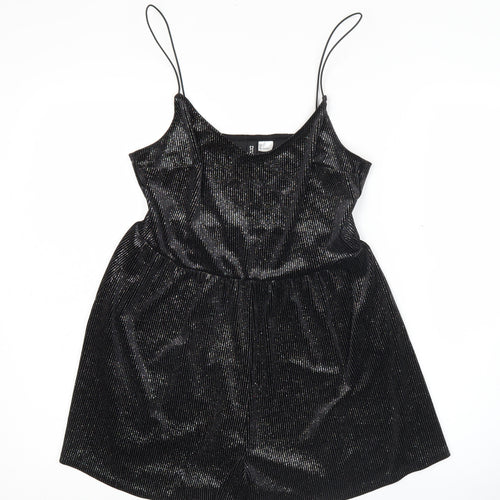 H&M Divided Women Black Shiny Velvet Playsuit Size S Sleeveless V-Neck