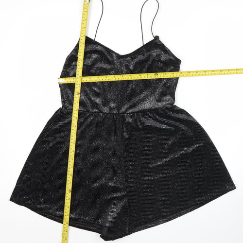 H&M Divided Women Black Shiny Velvet Playsuit Size S Sleeveless V-Neck