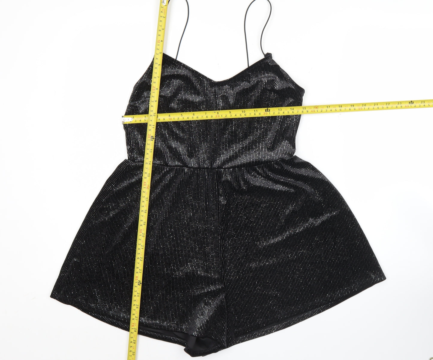 H&M Divided Women Black Shiny Velvet Playsuit Size S Sleeveless V-Neck